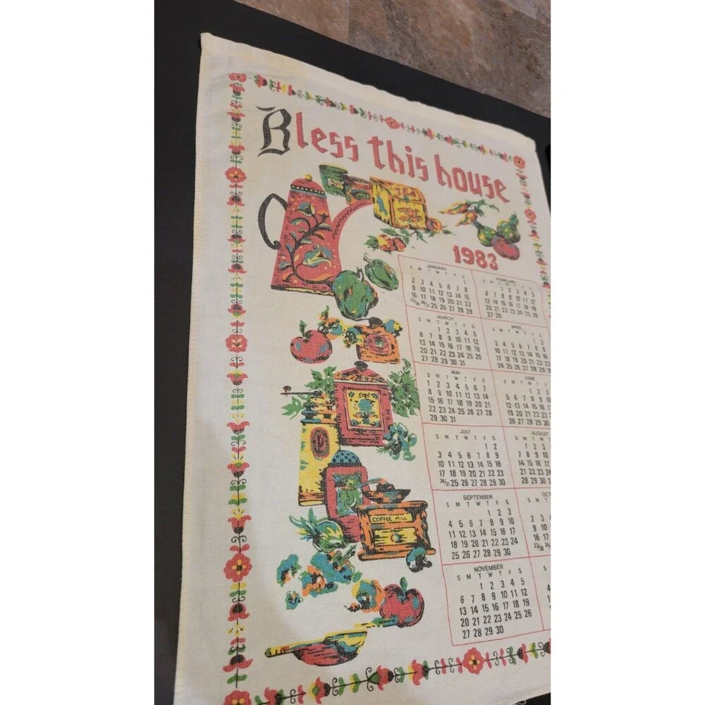 Vintage 1983 Calendar Tea Towel Bless This House colorful well loved